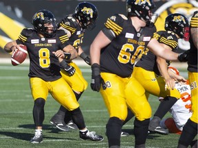 Tiger-Cats quarterback Jeremiah Masoli  looks for an open receiver against the B.C. Lions in Hamilton on Saturday, Sept. 29, 2018.