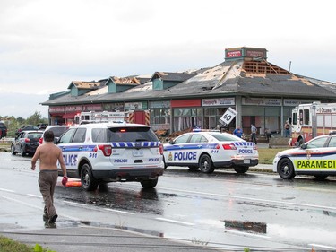 The strip mall at the corner of Dunrobin and Thomas Donlan Parkway as a reported tornado touched down in Dunrobin in the far west end of Ottawa. Wayne Cuddington/ Postmedia