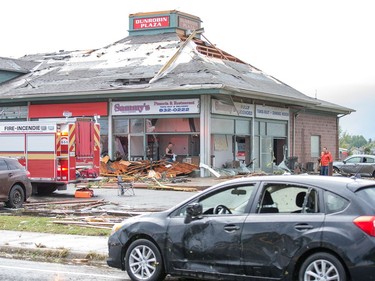 The strip mall at the corner of Dunrobin and Thomas Donlan Parkway as a reported tornado touched down in Dunrobin in the far west end of Ottawa. Wayne Cuddington/ Postmedia