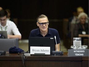 Canadian rock star Bryan Adams appears as a witness at a Standing Committee on Canadian Heritage in Ottawa on Tuesday, Sept. 18, 2018.