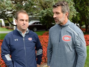Montreal Canadiens owner Geoff Molson, left, speaks with general manager Marc Bergevin at the Montreal Canadiens golf tournament in Laval, Que., on Monday, September 10, 2018.
