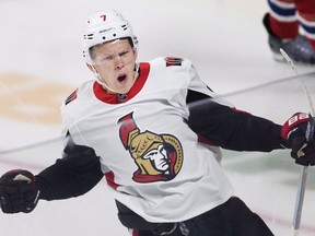 The Ottawa Senators' Brady Tkachuk celebrates after scoring against the Montreal Canadiens during the first period on Saturday, Sept. 22, 2018.