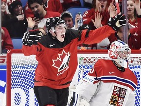 Drake Batherson celebrates his goal on Czech Republic goaltender Josef Korenar during a semifinal IIHF World Junior Championship game in Buffalo, N.Y. on Thursday, January 4, 2018.