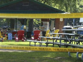 Toronto police and yellow tape were still visible guarding the city's 73rd homicide scene that occurred on Sunday afternoon at Coronation Park just east of the CNE entrance on Monday September 3, 2018.