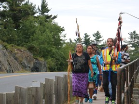 The Anishinaabe Water Walk to protest the Energy East Pipeline because of what it will do to water in Kenora, Ont.