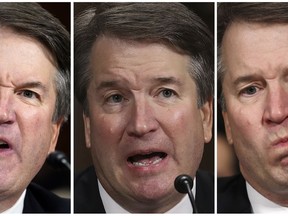 In this photo combination, Supreme court nominee Brett Kavanaugh testifies before the Senate Judiciary Committee on Capitol Hill in Washington, Thursday, Sept. 27, 2018. (Pool Image via AP)