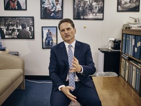 Head of the UN agency for Palestinian refugees, Pierre Krahenbuhl, left, speaks with a reporter during an interview with AP on Thursday, Sept. 27, 2018, in New York.