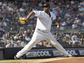 New York Yankees pitcher CC Sabathia deliver the ball to the Toronto Blue Jays during the second inning of a baseball game Saturday, Sept.15, 2018, at Yankee Stadium in New York.
