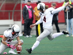 Carleton kicker Michael Domagala, seen in a file photo, kicked a 22-yard field goal with eight seconds remaining to give the Ravens a win over Waterloo.