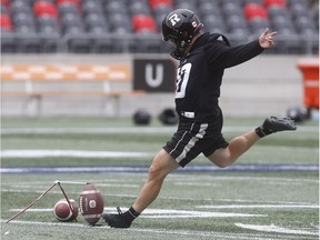 Lewis Ward kicks with a tee during practice at TD Place stadium on Thursday. Ward has made his last 30 field-goal attempts during regular-season play. Tony Caldwell/Postmedia