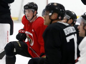 Ottawa Senators centre Matt Duchene takes a knee during Senators training camp at the Canadian Tire Centre on Friday, Sept. 14, 2018.