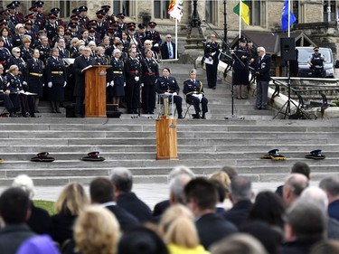 Headgear of fallen officers lies on the steps of Parliament Hill during the Canadian Police and Peace Officers
 Memorial Service on Parliament Hill on Sunday.