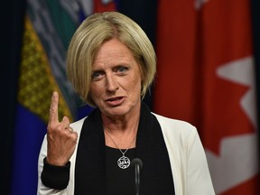 Alberta Premier Rachel Notley speaks after the Federal Court of Appeal has quashed construction approvals to build the Trans Mountain pipeline expansion project during a news conference at the Alberta Legislature in Edmonton, August 30, 2018.