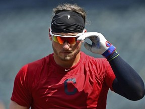 Cleveland Indians' Josh Donaldson exits the batting cage during batting practice before a baseball game against the Tampa Bay Rays, Sunday, Sept. 2, 2018, in Cleveland.