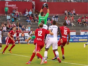 Goalkeeper Maxime Crépeau of Fury FC plays a high ball in the box during Saturday's game against the Kickers. Richmond Kickers photo