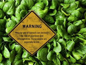One of the recreational cannabis brands that will be sold in Canada when pot is legal after Oct. 17 is called Spinach. The cheeky website for the brand includes this photograph that superimposed a Heallth-Canada mandated warning about the risks of cannabis use with some of the leafy greens.
