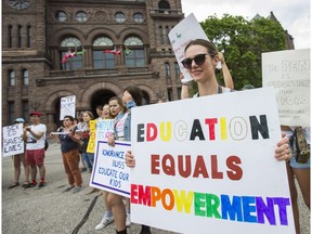 Protesters rally in support of keeping the updated 2015 sex ed curriculum in Ontario schools held in front of Queen's Park in Toronto this past July.