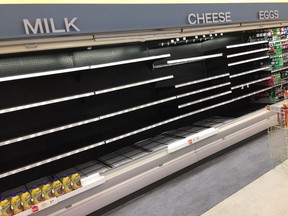 Tornado aftermath: The shelves of the Shoppers Drug Mart (Woodroffe and Strandherd) are bare at about 10:30 on a Saturday night.