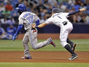 Tampa Bay Rays shortstop Willy Adames (1) tags out Toronto Blue Jays' Teoscar Hernandez (37) in a rundown between second base and third base during the fourth inning of a baseball game Friday, Sept. 28, 2018, in St. Petersburg, Fla.