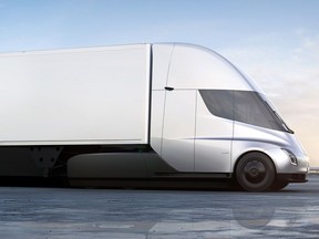 This photo provided by Tesla shows the front of the new electric semitractor-trailer unveiled on Thursday, Nov. 16, 2017. The move fits with Tesla CEO Elon Musk's stated goal for the company of accelerating the shift to sustainable transportation.