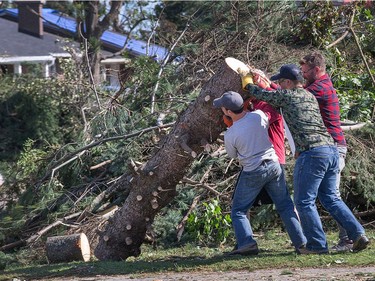 Volunteers remove a stump on Parkland Cres as the region continues to deal with the after effects of the tornados that struck the region on Friday. Photo by Wayne Cuddington/ Postmedia