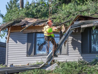 Doug Fisher of Fisher Tree Service surveys damage on Parkland Cres as the region continues to deal with the after effects of the tornados that struck the region on Friday.