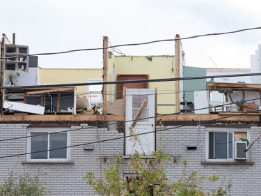 A severely damaged apartment complex on rue Daniel Johnston in Gatineau on Saturday.