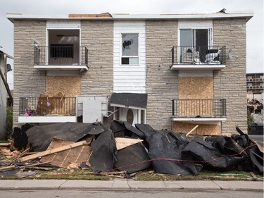 A severely damaged apartment complex on rue Daniel Johnston in Gatineau on Saturday, eight days after a tornado struck.