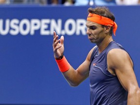 Rafael Nadal, of Spain, reacts after a shot against Juan Martin del Potro, of Argentina, during the semifinals of the U.S. Open tennis tournament, Friday, Sept. 7, 2018, in New York.