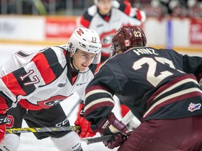 67's v Peterborough September 23, 2018  67's Mitchell Hoelscher faces off against Brady Hinz for the Peterborough Petes. 
Peterborough beat the 67's 7-3.