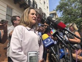Canadian Foreign Minister Chrystia Freeland, talks to reporters outside the United States Trade Representative building in Washington, Friday Sept. 7, 2018.