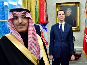 Jared Kushner, senior White House adviser, right, listens during a meeting with U.S. President Donald Trump and Mohammed bin Salman, Saudi Arabia's crown prince, not pictured, in the Oval Office of the White House in Washington, D.C., U.S., on Tuesday, March 20, 2018.
