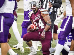 The Western Mustangs were in Ottawa to play the uOttawa Gee-Gees Saturday October 13, 2018 at the Gee-Gees Field. Gee-Gees #24 Dawson Odei was a little disheveled after a tackle.   Ashley Fraser/Postmedia
