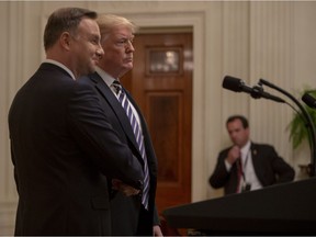 Birds of a feather? President of Poland Andrzej Duda and U.S. President Donald Trump shake hands at a Joint Press Conference in the East Room in the White House on Sept. 18.