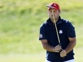 Patrick Reed of the United States reacts to a putt on the second hole during singles matches of the 2018 Ryder Cup at Le Golf National in Paris on Sunday.