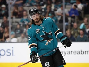 Former Senators captain Erik Karlsson, traded just as training camp was beginning in September, skates in a Sharks jersey during a game against the Ducks in San Jose.
