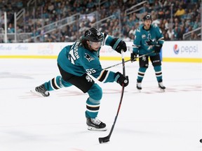 Erik Karlsson #65 of the San Jose Sharks in action during their game against the Anaheim Ducks at SAP Center on October 3, 2018 in San Jose, California.