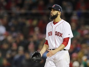 David Price of the Boston Red Sox reacts after retiring the side during the sixth inning against the Los Angeles Dodgers in Game 2 of the 2018 World Series at Fenway Park on Oct. 24, 2018.