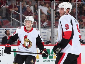 Alex Formenton #59 of the Ottawa Senators reacts alongside Bobby Ryan #9 after scoring his first career goal against the Arizona Coyotes during the second period of the NHL game at Gila River Arena on October 30, 2018 in Glendale, Arizona.