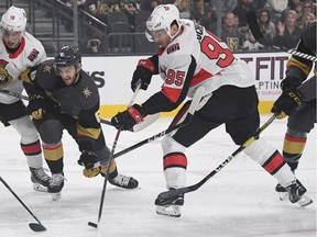 Matt Duchene #95 of the Ottawa Senators scores a first-period goal against Marc-Andre Fleury #29 of the Vegas Golden Knights as William Karlsson #71 of the Golden Knights, Ryan Dzingel #18 of the Senators and Colin Miller #6 of the Golden Knights battle in front of the net during their game at T-Mobile Arena on October 28, 2018 in Las Vegas, Nevada.