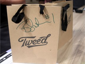 Closeup of two bags reserved for the first pair of customers to buy legal weed in Canada in St. John's NL.