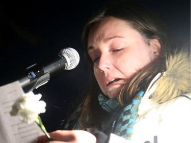A cousin of Émilie Maheu tearfully reads a poem at a vigil for the young woman Wednesday evening (Oct. 24, 2018) in Alexandria. Maheu, 26, went missing on Oct. 11 and was found dead in a farm field near Lancaster two days later. Ontario Provincial Police have charged Brandon Smeltzer, 25, her one-time boyfriend and the father of her daughter, with first-degree murder.