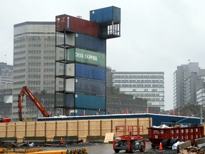 A seven-storey (30 metres) observation tower made from recycled shipping containers sprouted up at the Zibi building site recently. Zibi hopes to make the structure its sales office, offering an observatory at the top for potential condo buyers to see the entire building site.