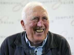 French founder of the Communaute de l'Arche (Arch community) Jean Vanier smiles during a press conference in central London on March 11, 2015.