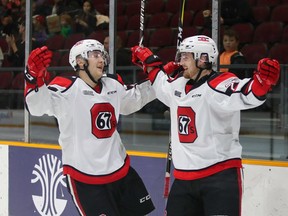 67's celebrate a big win, October 28, 2018. Photo: Greg Kolz