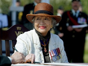 Adrienne Clarkson, former governor general, presides at a change of command ceremony at CFB Edmonton on Wednesday June 13, 2018.