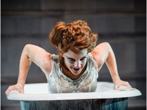 The play is set in an Edwardian bathroom featuring three generously sized clawfoot bathtubs, each one occupied by a woman in her wedding dress. The cast of three actors — Sarah Finn, Katie Ryerson and Jacqui du Toi — play multiple roles, starting with the three victims: Bessie, Alice and Margaret.