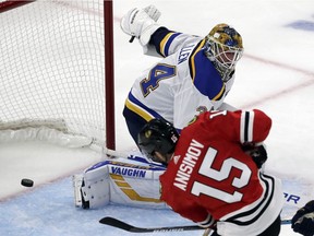 St. Louis Blues goalie Jake Allen can't stop a shot by Chicago's Artem Anisimov in a game on Saturday, Oct. 13, 2018. Allen went into Saturday’s game against the Hawks with a 2-2-3 record, a 3.93 goals-against average and a lousy .876 save percentage.