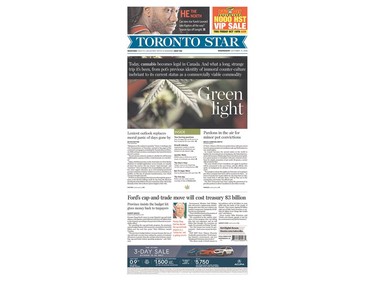 October 17, 2018 front page, Day 1 for cannabis legalization