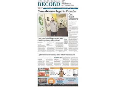 October 17, 2018 front page, Day 1 for cannabis legalization